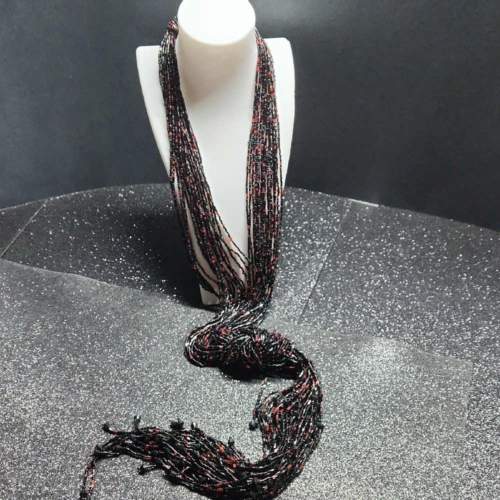 Multi-Strand Black and Red Beaded Scarf Necklace